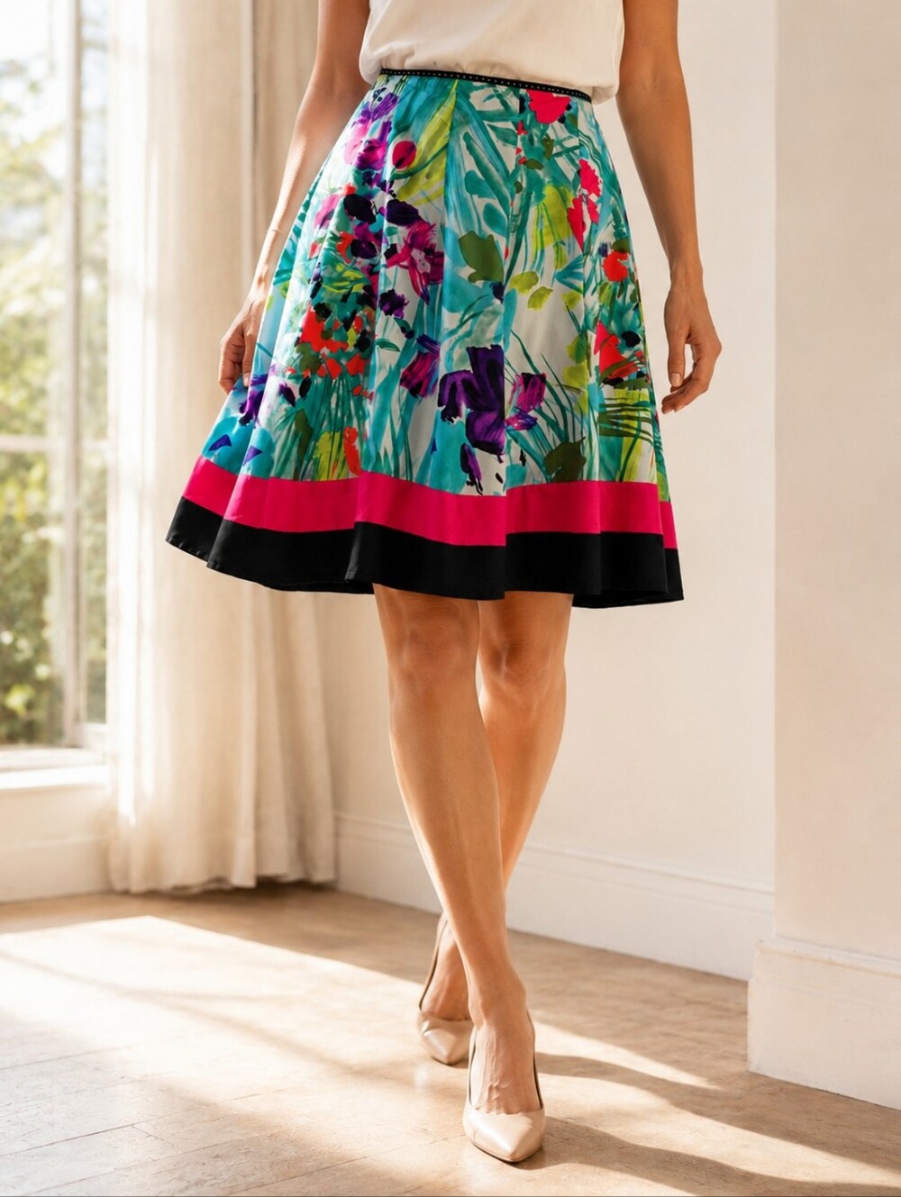 Nygård 100% Silk Floral A-Line Skirt Lined Size 12 Pink Trim Side Zip Feminine